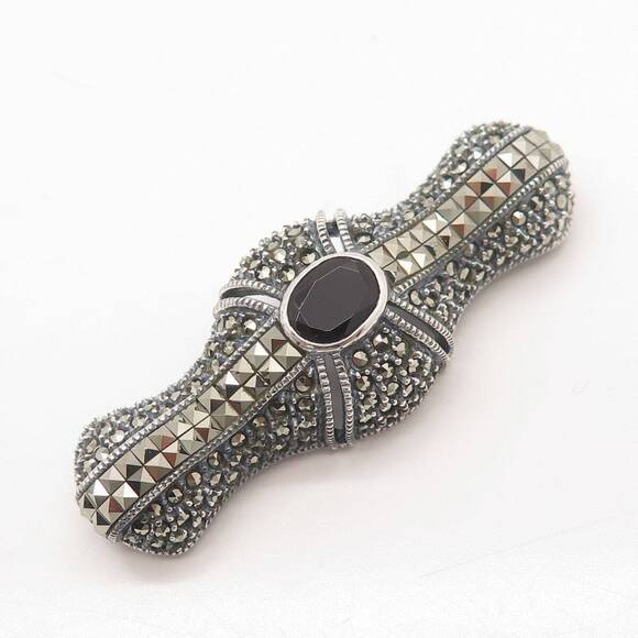 925 Sterling Silver Vintage Judith Jack Black Spinel & Marcasite Gem Pin Brooch - Picture 5 of 8